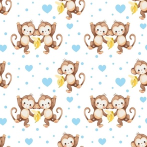 Safari Animals Monkeys Blue Hearts Baby Boy Nursery  