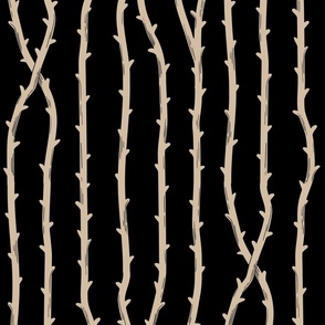 Thorny rose vine stripes - monochrome antique neutral on black - coordinate for skulls and climbing rose vines 