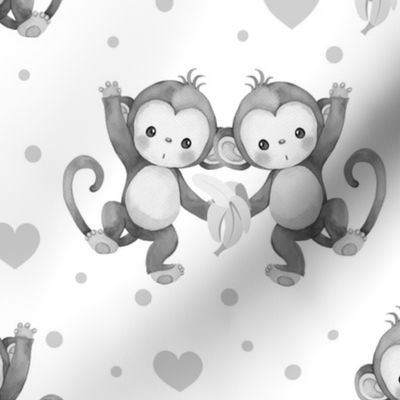 Watercolor Safari Animals Gray Monkeys Hearts Baby Nursery 