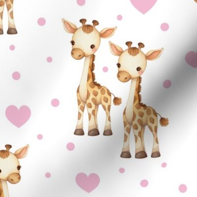 Watercolor Safari Animals Pink Giraffe Hearts Baby Girl Nursery 