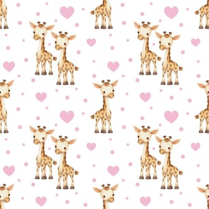 Watercolor Safari Animals Pink Giraffe Hearts Baby Girl Nursery 