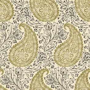 Block Print Paisley - extra large - moss green and black on cream 