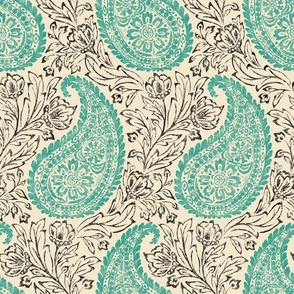 Block Print Paisley - extra large - teal and black on cream 
