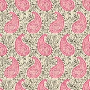 Block Print Paisley - 2" small - pink and black on cream 