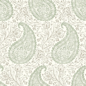 Block Print Paisley - extra large - sage green and taupe on natural 