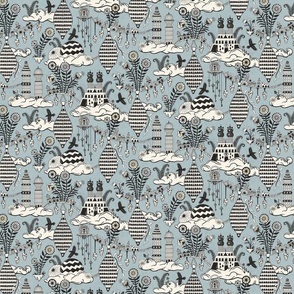 Surreal city in the sky - with folk flowers - black and cream on dusty sky blue - medium