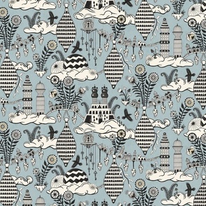 Surreal city in the sky - with folk flowers - black and cream on dusty sky blue - large