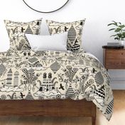 Surreal city in the sky - with folk flowers - black and cream on warm cream - jumbo