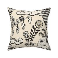 Surreal city in the sky - with folk flowers - black and cream on warm cream - jumbo