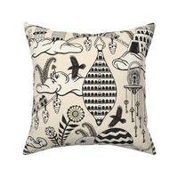 Surreal city in the sky - with folk flowers - black and cream on warm cream - extra large