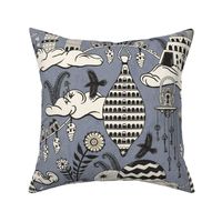 Surreal city in the sky - with folk flowers - black and cream on steel blue, blue-gray - extra large