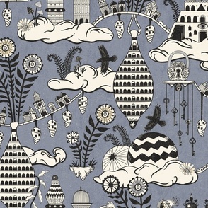 Surreal city in the sky - with folk flowers - black and cream on steel blue, blue-gray - extra large