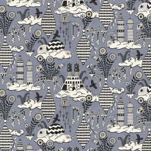 Surreal city in the sky - with folk flowers - black and cream on steel blue, blue-gray - large