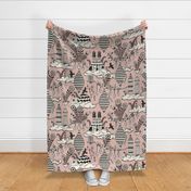 Surreal city in the sky - with folk flowers - black and cream on dusty rose pink- jumbo