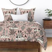 Surreal city in the sky - with folk flowers - black and cream on dusty rose pink- jumbo