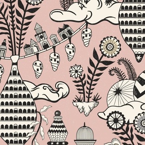 Surreal city in the sky - with folk flowers - black and cream on dusty rose pink- jumbo