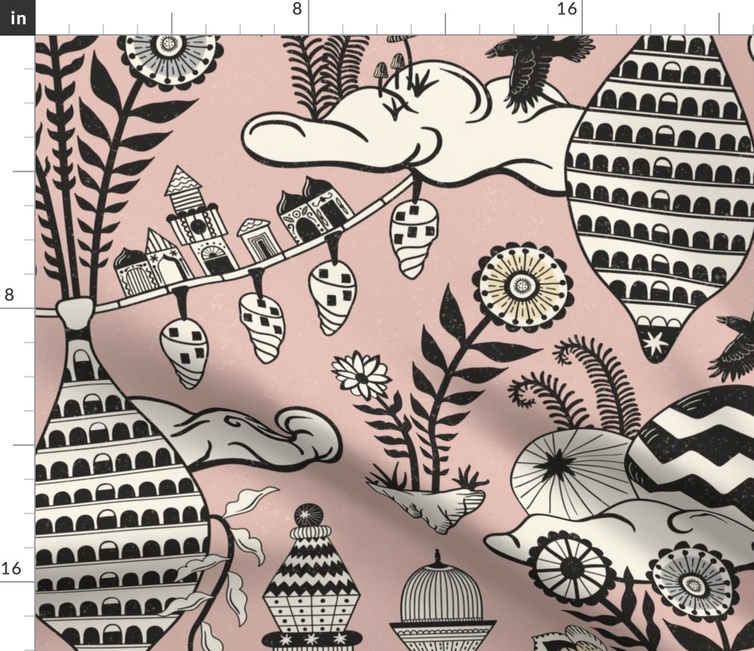 Surreal city in the sky - with folk flowers - black and cream on dusty rose pink- jumbo