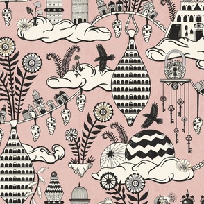 Surreal city in the sky - with folk flowers - black and cream on dusty rose pink-extra large