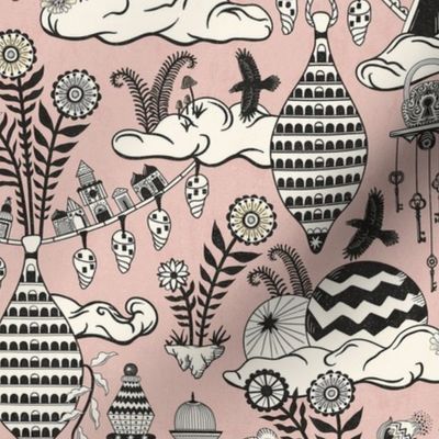 Surreal city in the sky - with folk flowers - black and cream on dusty rose pink - large