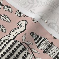Surreal city in the sky - with folk flowers - black and cream on dusty rose pink - large