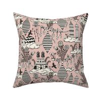 Surreal city in the sky - with folk flowers - black and cream on dusty rose pink - large