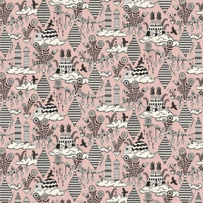 Surreal city in the sky - with folk flowers - black and cream on dusty rose pink- medium