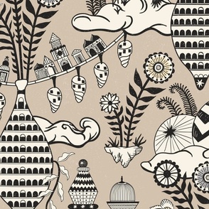 Surreal city in the sky - with folk flowers - black and cream on warm neutral, taupe - jumbo