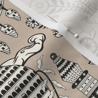 Surreal city in the sky - with folk flowers - black and cream on warm neutral, taupe - large