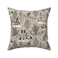 Surreal city in the sky - with folk flowers - black and cream on warm neutral, taupe - large