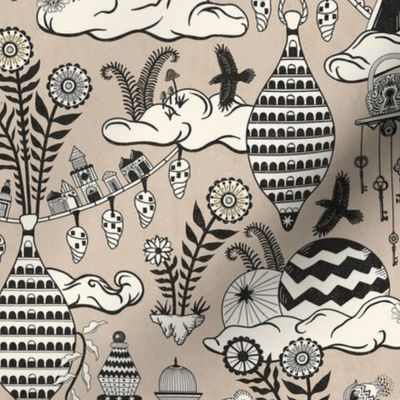 Surreal city in the sky - with folk flowers - black and cream on warm neutral, taupe - large