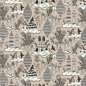 Surreal city in the sky - with folk flowers - black and cream on warm neutral, taupe - large