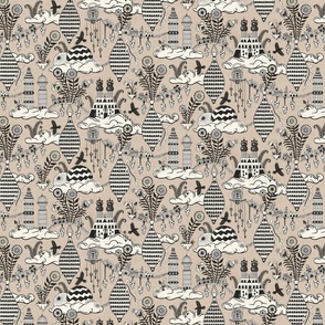 Surreal city in the sky - with folk flowers - black and cream on warm neutral, taupe - medium