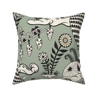 Surreal city in the sky - with folk flowers - black and cream on muted earthy green - jumbo