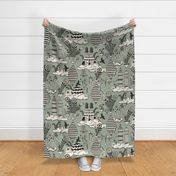 Surreal city in the sky - with folk flowers - black and cream on muted earthy green - jumbo