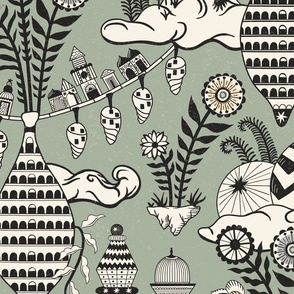 Surreal city in the sky - with folk flowers - black and cream on muted earthy green - jumbo