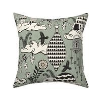Surreal city in the sky - with folk flowers - black and cream on muted earthy green - extra large