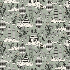 Surreal city in the sky - with folk flowers - black and cream on muted earthy green - large