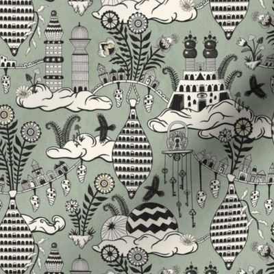 Surreal city in the sky - with folk flowers - black and cream on muted earthy green - medium