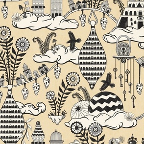 Surreal city in the sky - with folk flowers - black and cream on creamy soft yellow - extra large