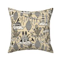 Surreal city in the sky - with folk flowers - black and cream on creamy soft yellow - large