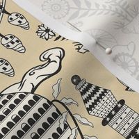 Surreal city in the sky - with folk flowers - black and cream on creamy soft yellow - large