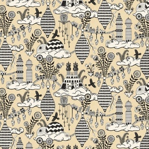 Surreal city in the sky - with folk flowers - black and cream on creamy soft yellow - large
