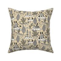 Surreal city in the sky - with folk flowers - black and cream on creamy soft yellow - medium