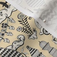 Surreal city in the sky - with folk flowers - black and cream on creamy soft yellow - medium