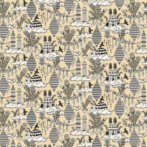 Surreal city in the sky - with folk flowers - black and cream on creamy soft yellow - medium