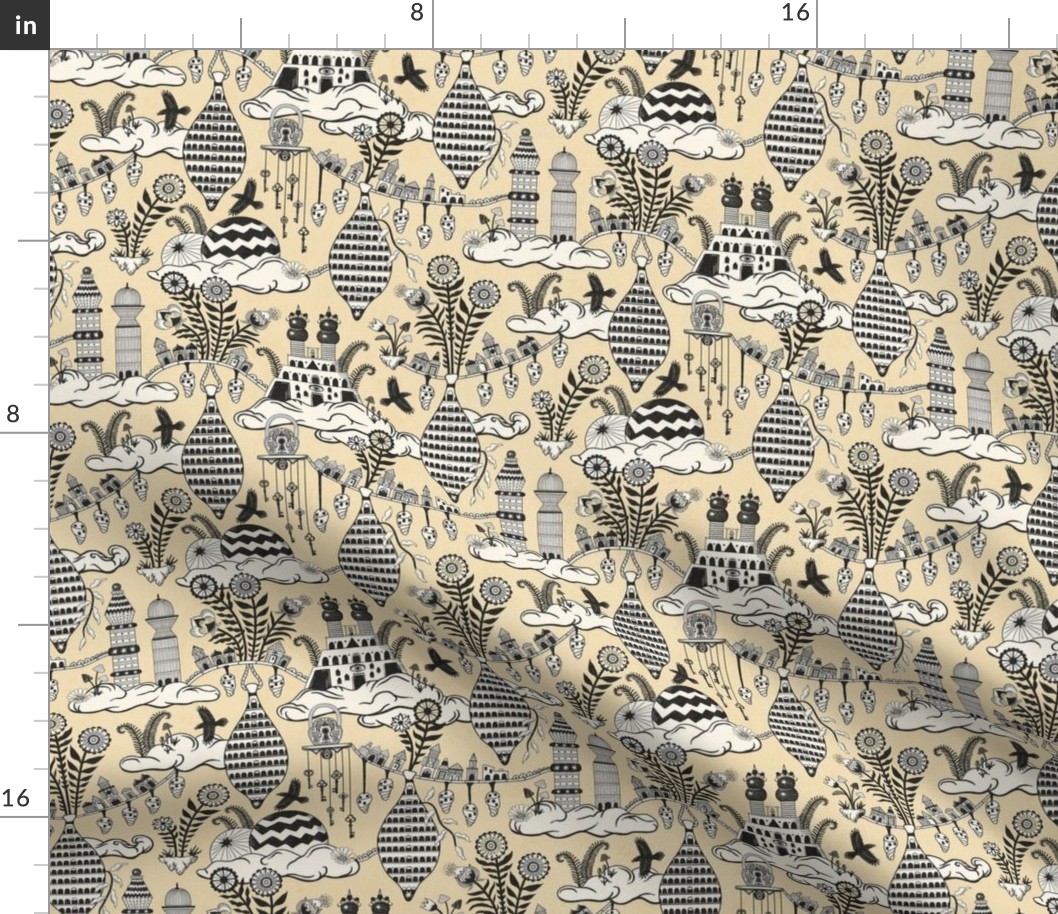 Surreal city in the sky - with folk flowers - black and cream on creamy soft yellow - medium