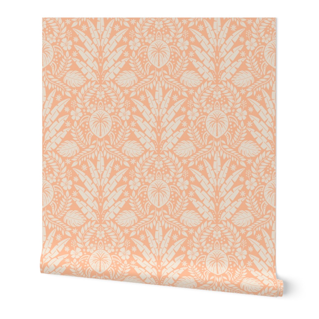 Hawaiian Damask | Large Scale | Peach Wallpaper | Spoonflower