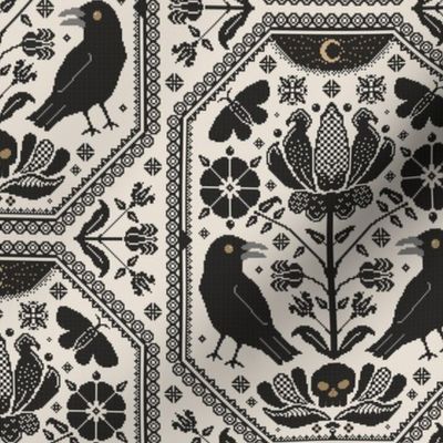 Cross stitch ravens, folk flowers, moths, skull  - blackwork goth cottage core - black and coffee cream - medium