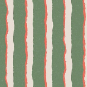 Coastal Chic rustic wavy stripes - white coffee, coral orange on seaweed green, cream and green - large