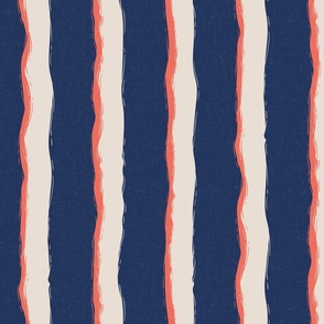 Coastal Chic rustic wavy stripes - white Coffee, Coral Orange on classic navy - large